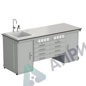 Стол демонстрационный с двумя напольными тумбами, двумя подвесными тумбами, с электрикой, с подводом воды 2000х750х900, раб. поверхность - LABGRADE