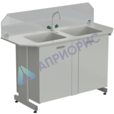 Мойка двойная торцевая 1500х600х1220 мм, (защитное стекло, глубина раковины 280 мм, 1 кран TOF), раб. поверхность - DURCON