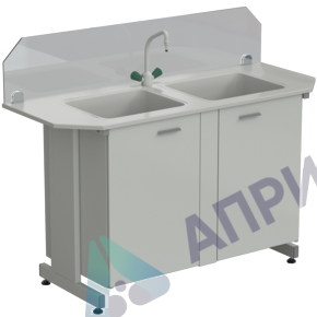 Мойка двойная торцевая 1500х600х1220 мм, (защитное стекло, глубина раковины 280 мм, 1 кран TOF), раб. поверхность - DURCON