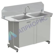 Мойка двойная торцевая 1500х600х1220 мм, (защитное стекло, глубина раковины 280 мм, 1 кран), раб. поверхность - СТЕКЛОПЛАСТИК