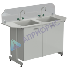 Мойка двойная торцевая 1500х600х1220 (защитное стекло, глубина раковины 280 мм, 2 крана TOF), раб. поверхность - DURCON